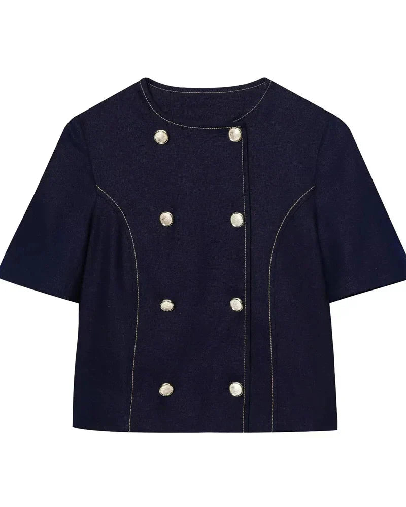 Conjunto Feminino – Blazer Curto com Botões Decorativos e Calça Reta Casual |