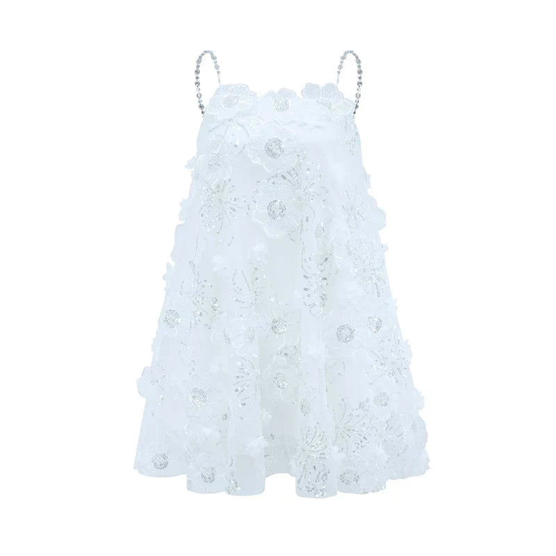 Vestido Bordado Floral, Cristais Manuais e Alças Delicadas