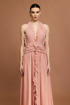 Vestido Longo Rosa com Decote V, Costas Abertas e Acabamento Floral