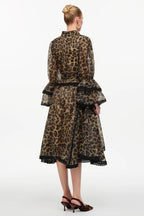 Vestido Midi com Estampa Animal Print, Decote V, Manga Ampla e Cintura Alta Assimétrica
