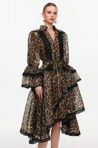 Vestido Midi com Estampa Animal Print, Decote V, Manga Ampla e Cintura Alta Assimétrica
