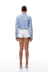 Camisa Listras Finas com Pétalas em 3D e Design de Luxo