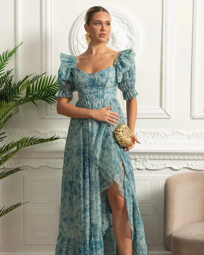 Vestido Runway – Floral Elegante com Mangas Bufantes, Babados em Camadas e Estilo Princesa para Festa