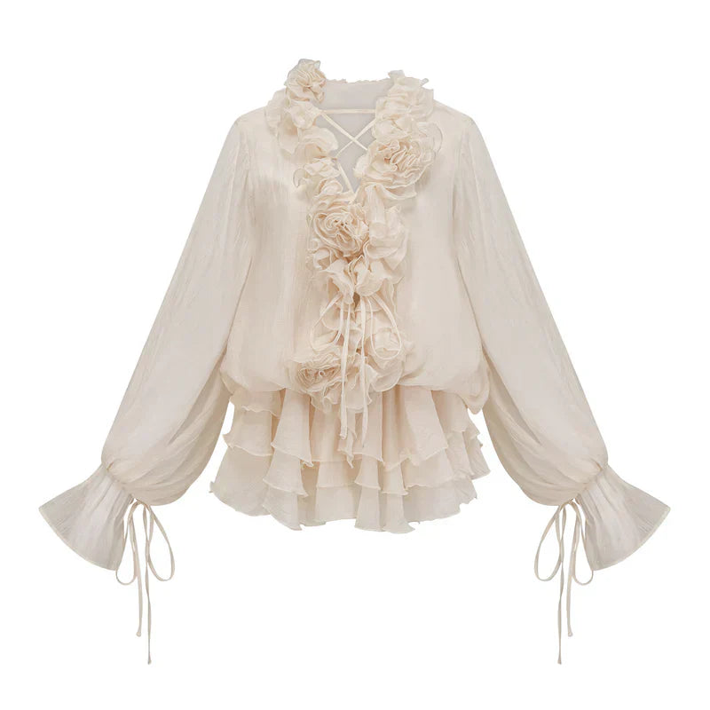 Vestido Flores em 3D, Decote em V e Detalhes em Babados