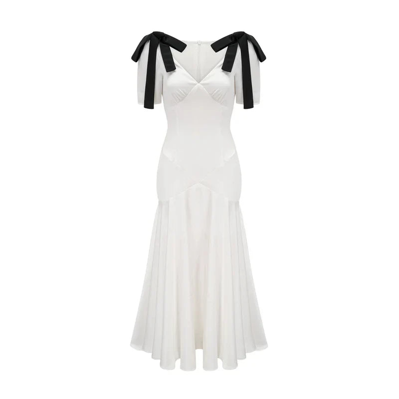 Vestido Longo Elegante  Laços e Decote em V