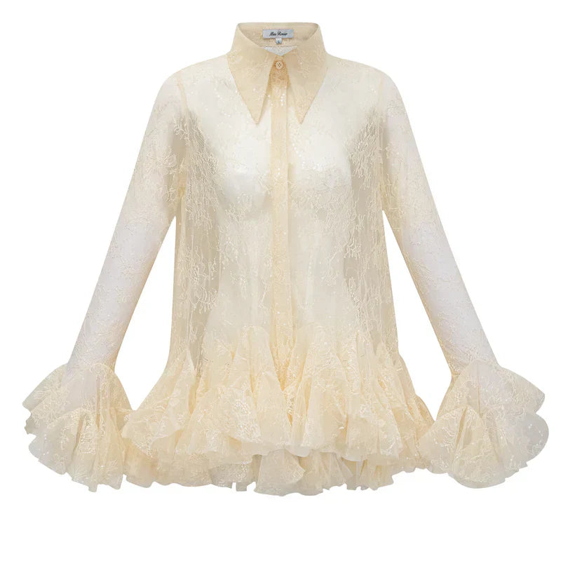 Blusa em Renda Neutra com Cintura Marcada e Detalhe Peplum