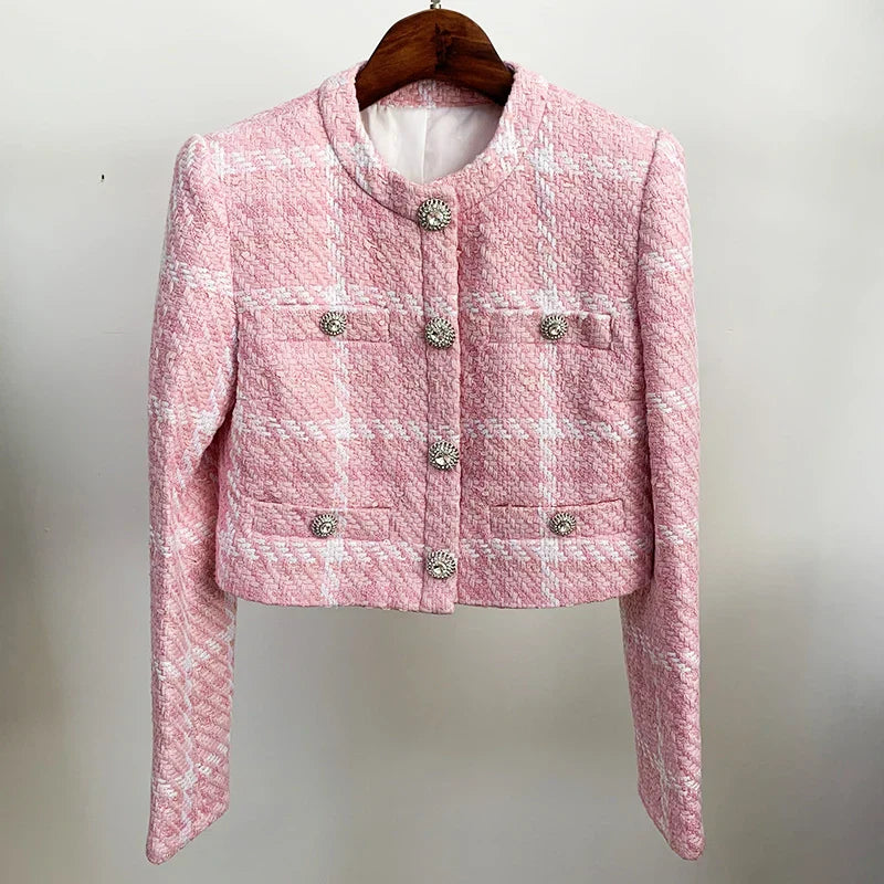 Blazer Curto de Tweed Rosa — Elegância que se destaca sem esforço