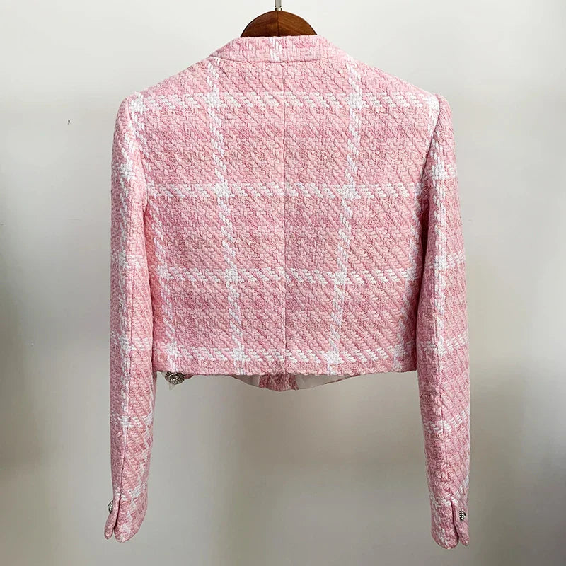 Blazer Curto de Tweed Rosa — Elegância que se destaca sem esforço