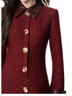 Casaco Vestido Mid-Length em Tweed Bordô com Botões Ornamentais