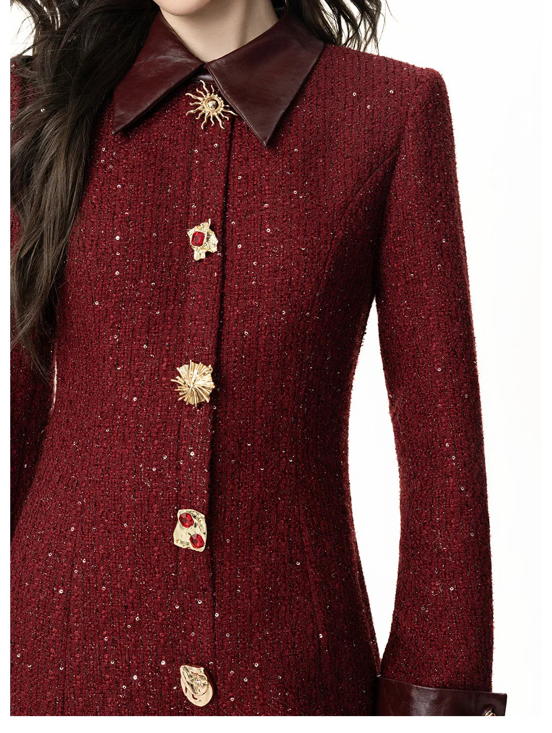 Casaco Vestido Mid-Length em Tweed Bordô com Botões Ornamentais