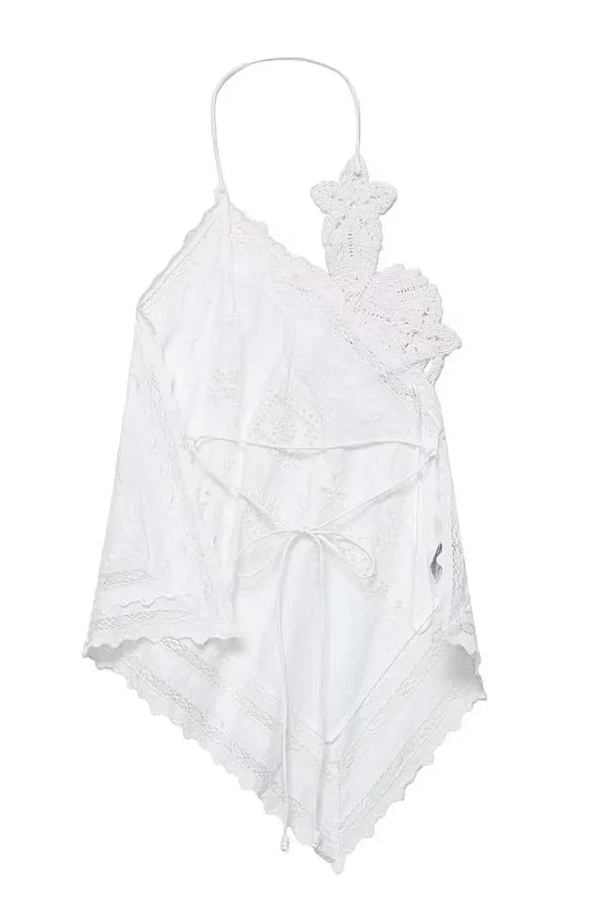 Top Elegante de Amarração com Bordado e Recorte Halter