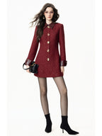 Casaco Vestido Mid-Length em Tweed Bordô com Botões Ornamentais