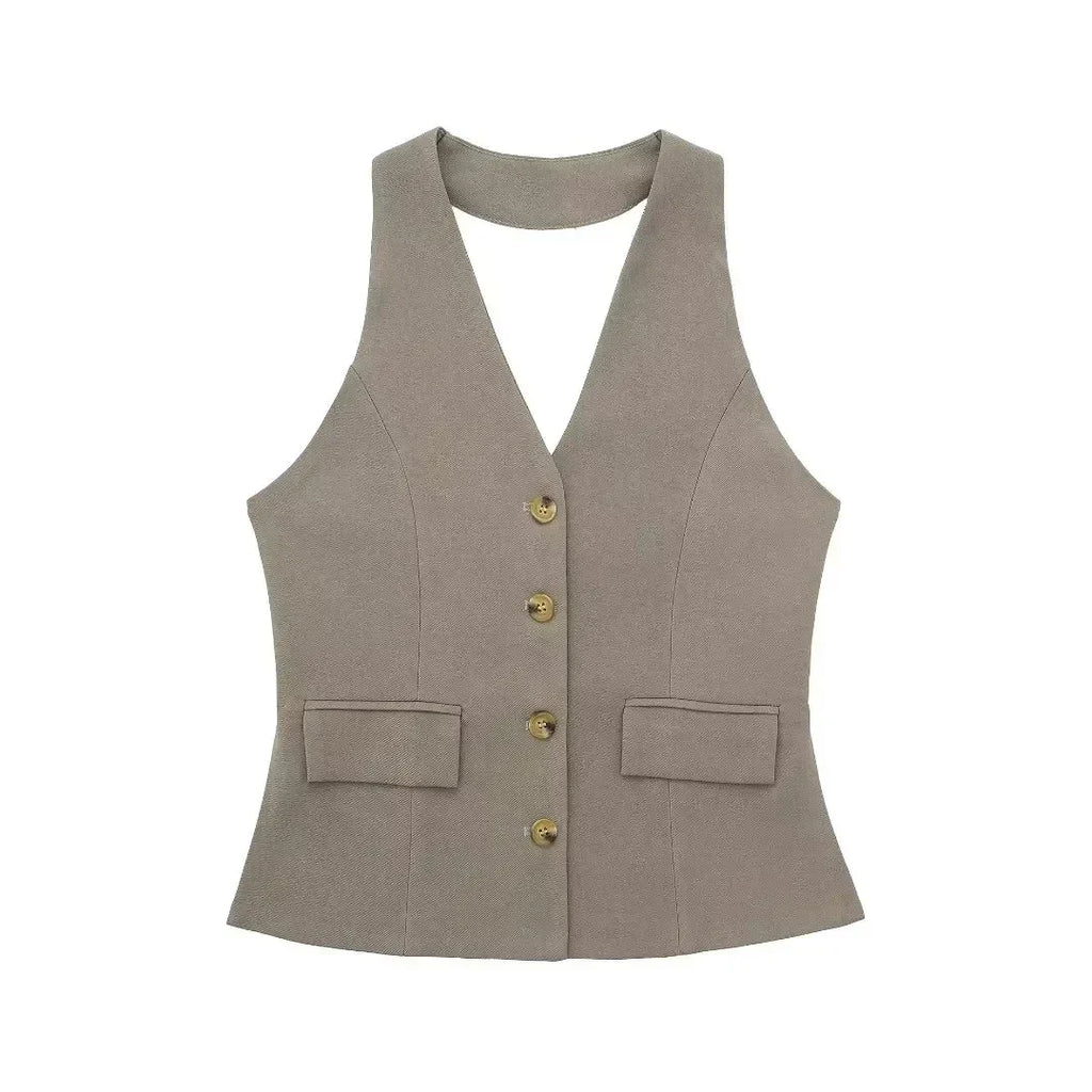 Conjunto Colete Halter Sem Mangas com Bolsos + Calça Pantalona Cintura Alta, Look Executivo Moderno