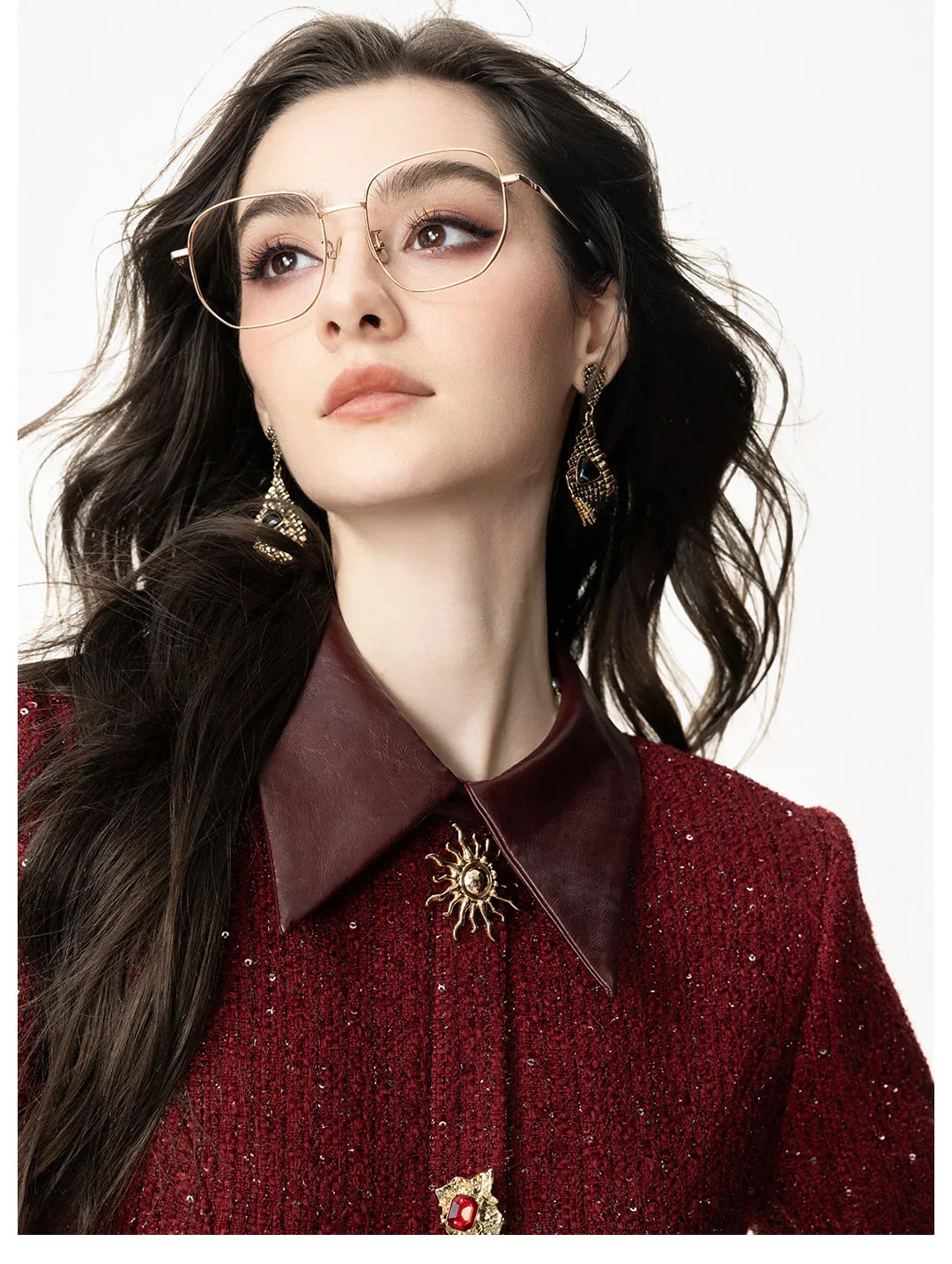 Casaco Vestido Mid-Length em Tweed Bordô com Botões Ornamentais