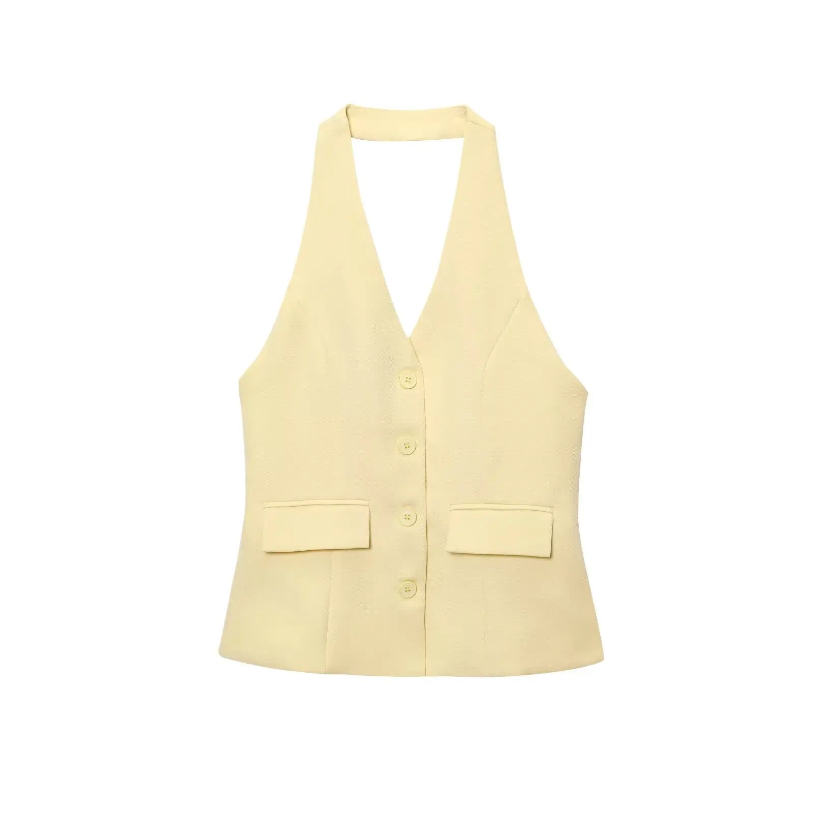 Conjunto Colete Halter Sem Mangas com Bolsos + Calça Pantalona Cintura Alta, Look Executivo Moderno