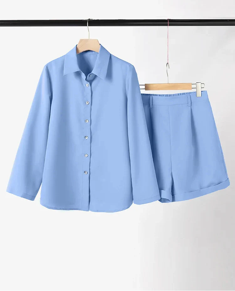 Conjunto Casual – Camisa de Manga Longa e Shorts de Cintura Alta