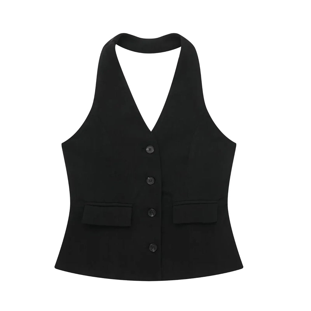 Conjunto Colete Halter Sem Mangas com Bolsos + Calça Pantalona Cintura Alta, Look Executivo Moderno