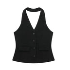 Conjunto Colete Halter Sem Mangas com Bolsos + Calça Pantalona Cintura Alta, Look Executivo Moderno