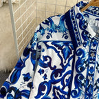 Conjunto Fashion Primavera - Camisa e Shorts com Estampa de Porcelana Azul e Branca