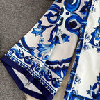 Conjunto Fashion Primavera - Camisa e Shorts com Estampa de Porcelana Azul e Branca