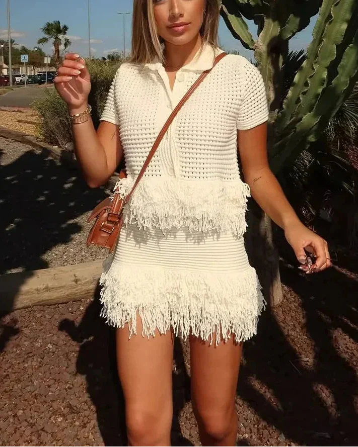 Conjunto em Tricô Vazado – Saia Mini + Camisa