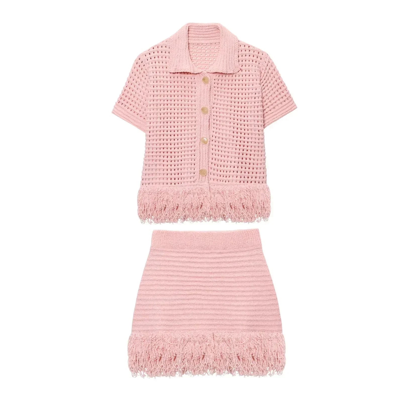 Conjunto em Tricô Vazado – Saia Mini + Camisa