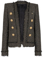 Blazer em Tweed Xadrez com Fios Dourados e Botões Ornamentais
