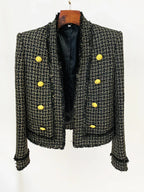 Blazer em Tweed Xadrez com Fios Dourados e Botões Ornamentais