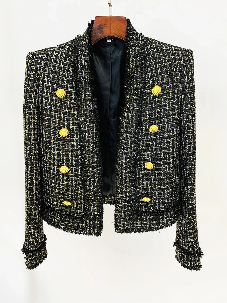 Blazer em Tweed Xadrez com Fios Dourados e Botões Ornamentais