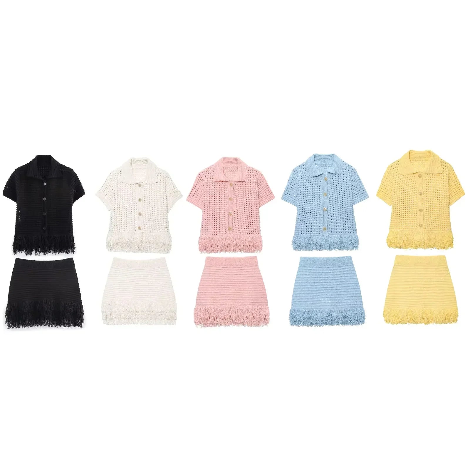 Conjunto em Tricô Vazado – Saia Mini + Camisa