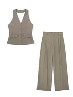Conjunto Colete Halter Sem Mangas com Bolsos + Calça Pantalona Cintura Alta, Look Executivo Moderno