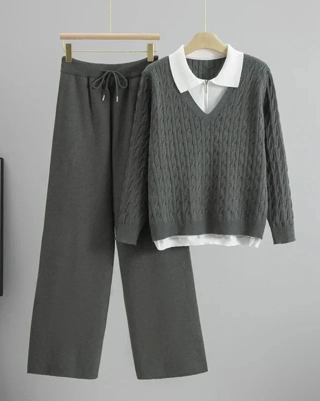 Conjunto Feminino Outono – Blusa Gola Lapela Estilo Camadas com Calça de Cintura Alta