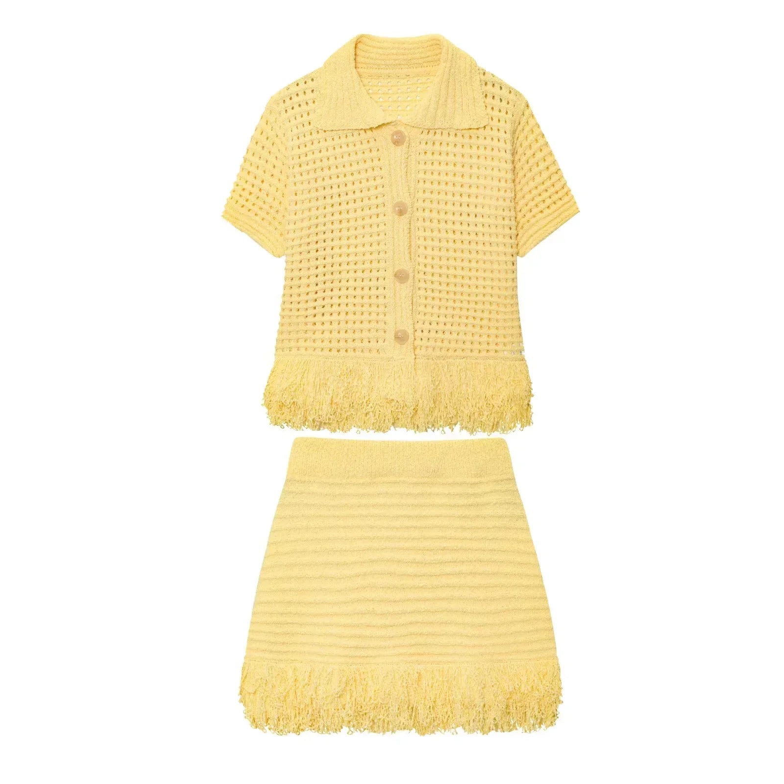 Conjunto em Tricô Vazado – Saia Mini + Camisa