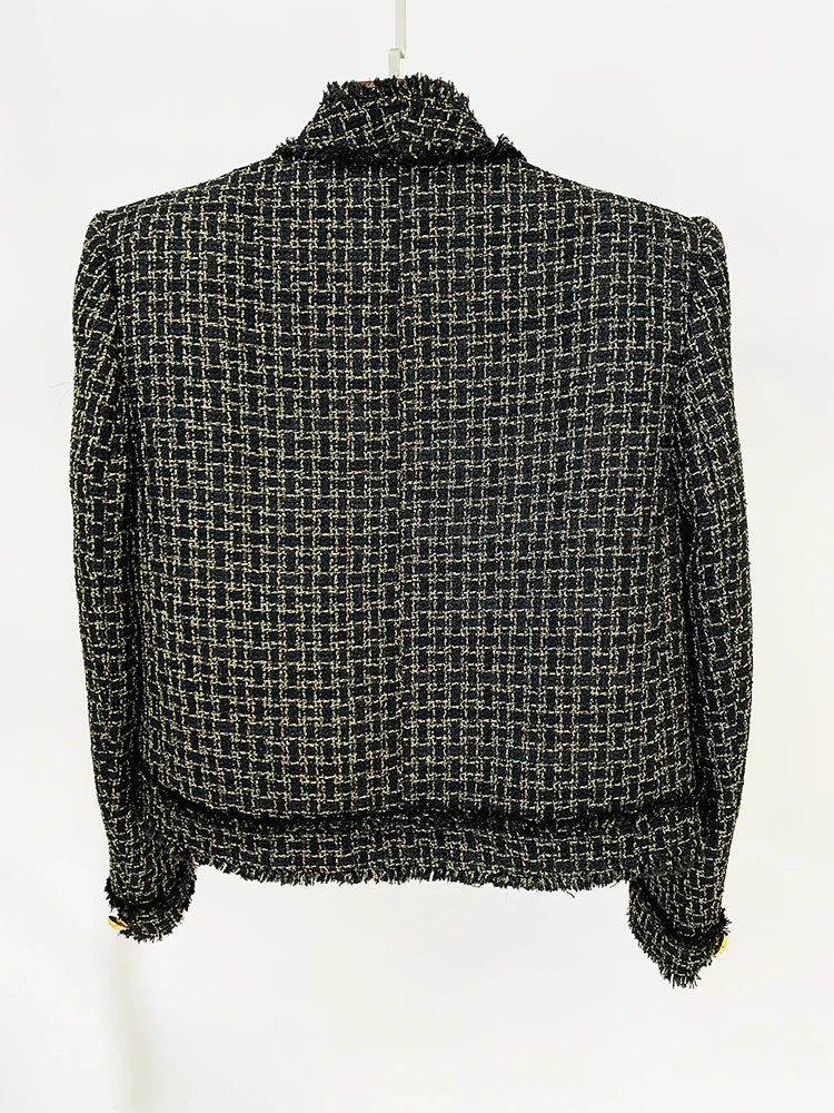 Blazer em Tweed Xadrez com Fios Dourados e Botões Ornamentais