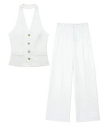 Conjunto Colete Halter Sem Mangas com Bolsos + Calça Pantalona Cintura Alta, Look Executivo Moderno