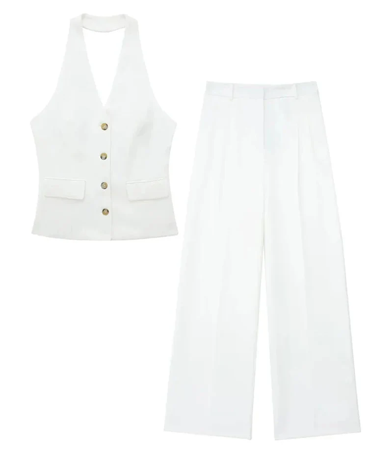 Conjunto Colete Halter Sem Mangas com Bolsos + Calça Pantalona Cintura Alta, Look Executivo Moderno