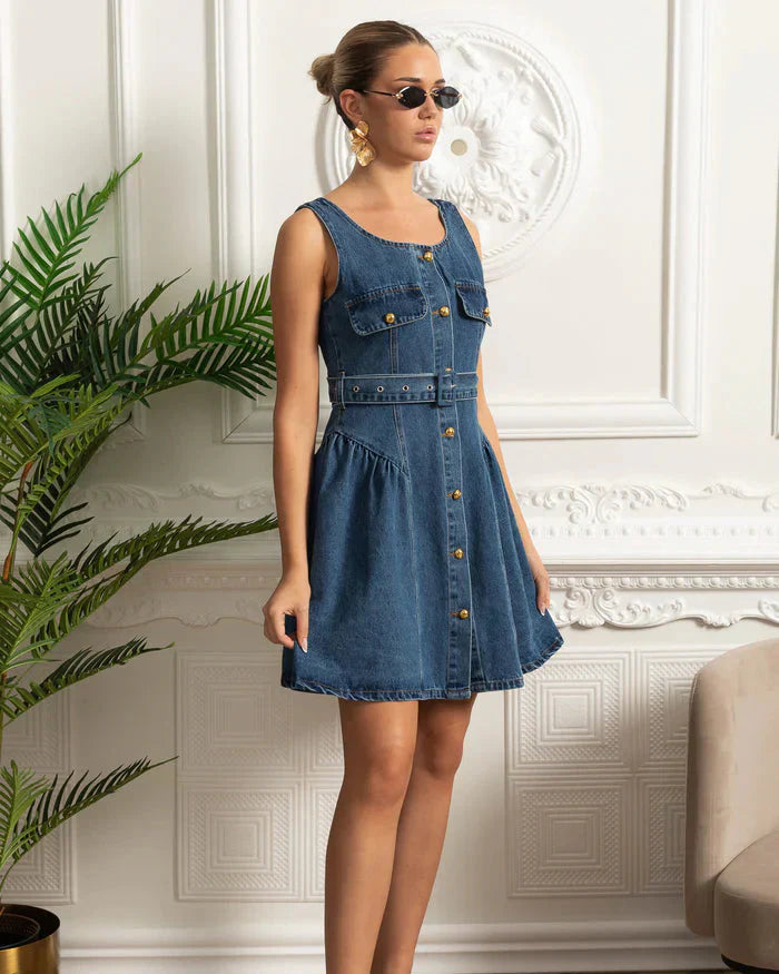 Vestido Feminino – Elegante Slim, Decote Quadrado, Sem Manga, Cintura Alta, Botões Decorativos, Estilo Sofisticado