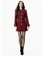 Casaco Vestido Mid-Length em Tweed Bordô com Botões Ornamentais