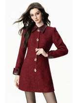 Casaco Vestido Mid-Length em Tweed Bordô com Botões Ornamentais