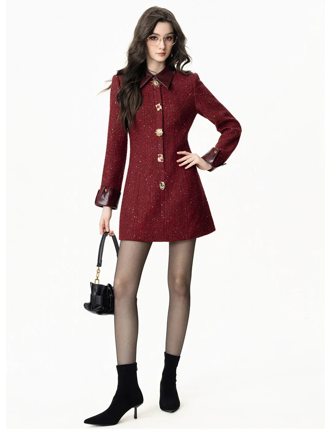 Casaco Vestido Mid-Length em Tweed Bordô com Botões Ornamentais