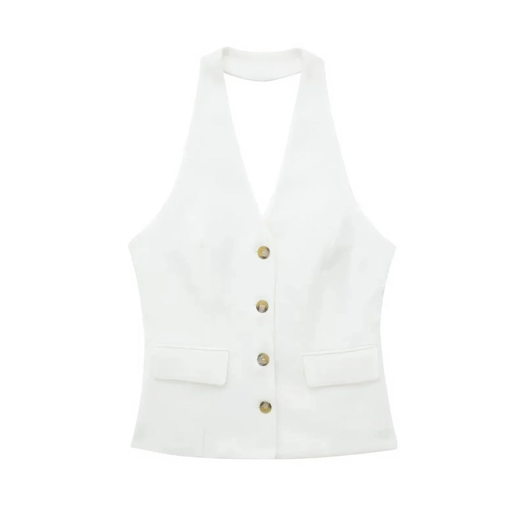 Conjunto Colete Halter Sem Mangas com Bolsos + Calça Pantalona Cintura Alta, Look Executivo Moderno