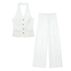 Conjunto Colete Halter Sem Mangas com Bolsos + Calça Pantalona Cintura Alta, Look Executivo Moderno