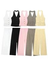 Conjunto Colete Halter Sem Mangas com Bolsos + Calça Pantalona Cintura Alta, Look Executivo Moderno