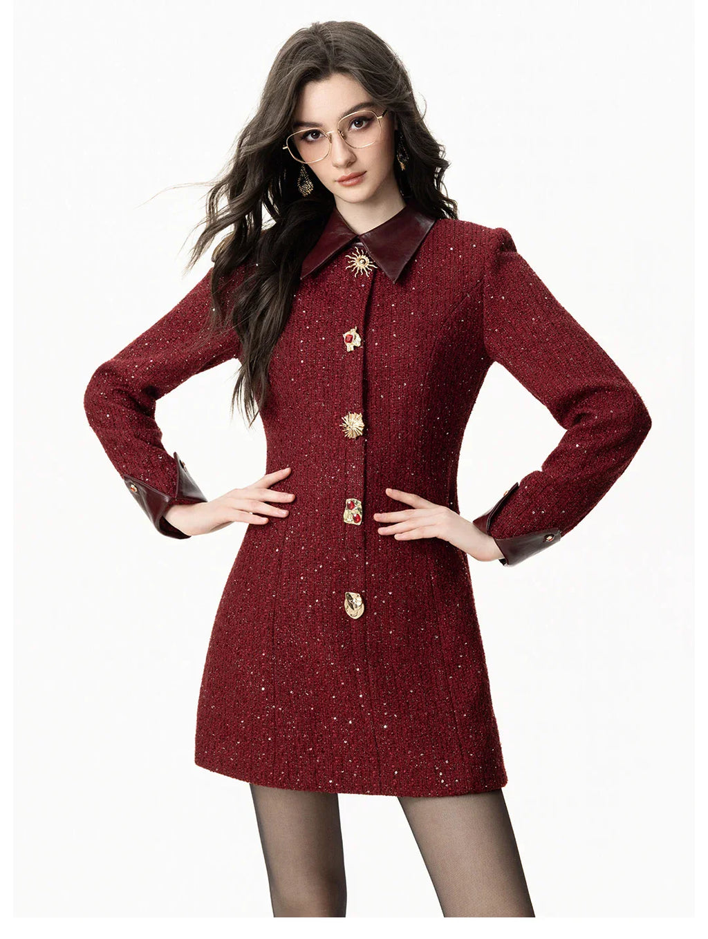 Casaco Vestido Mid-Length em Tweed Bordô com Botões Ornamentais