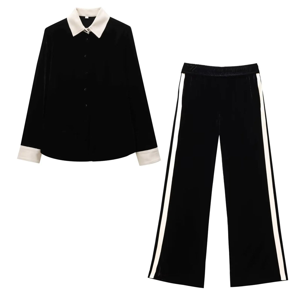 Conjunto em Veludo com Camisa de Manga Longa e Calça – Design Elegante com Detalhes Laterais