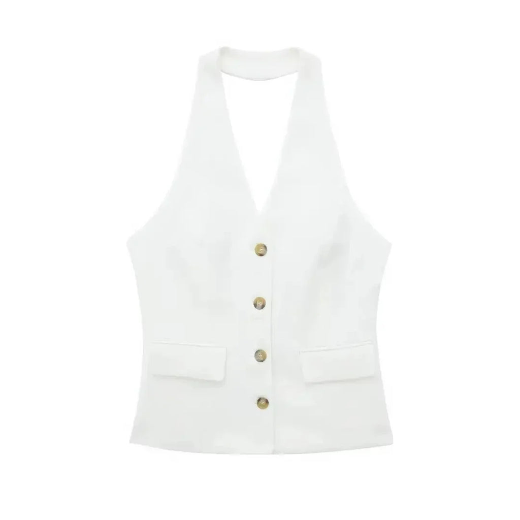 Conjunto Colete Halter Sem Mangas com Bolsos + Calça Pantalona Cintura Alta, Look Executivo Moderno