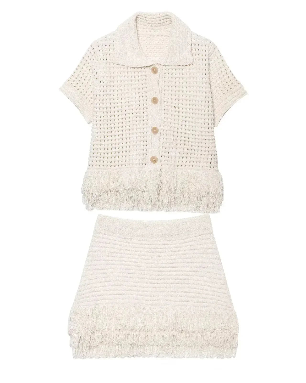 Conjunto em Tricô Vazado – Saia Mini + Camisa