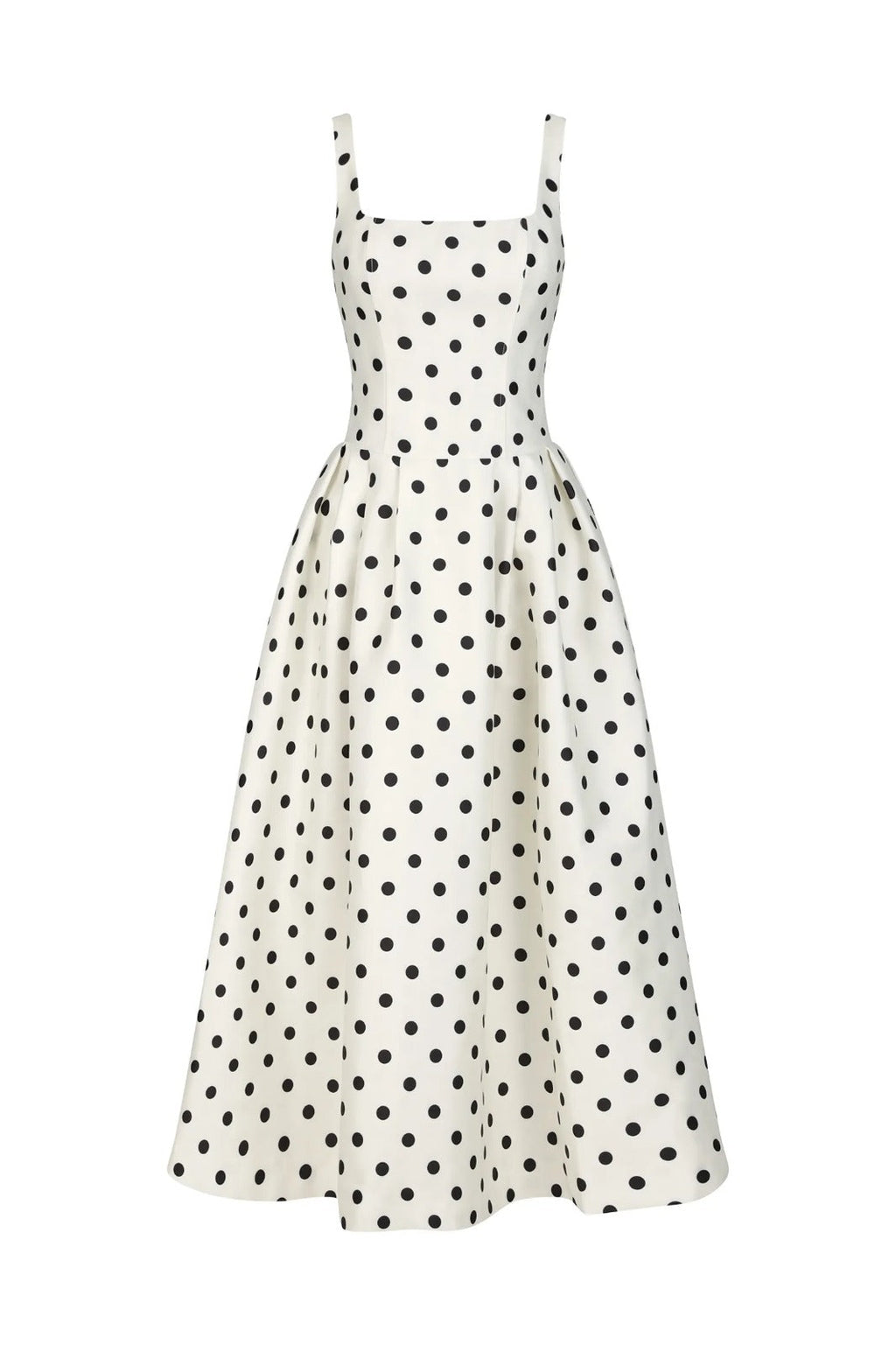 Vestido Longo Plissado com Estampa de Poá, Decote Quadrado e Bolsos Funcionais