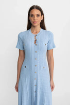 Vestido Azul Serenity em Tricô Vazado com Acabamento em Babados